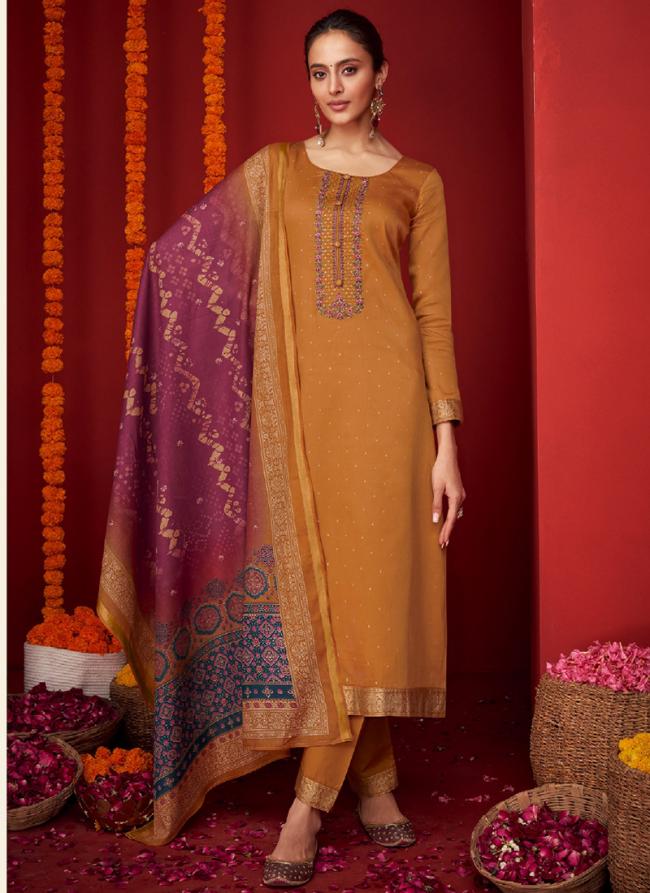 Pure Viscose Satin Yellow Festival Wear Embroidery Work Straight Suit